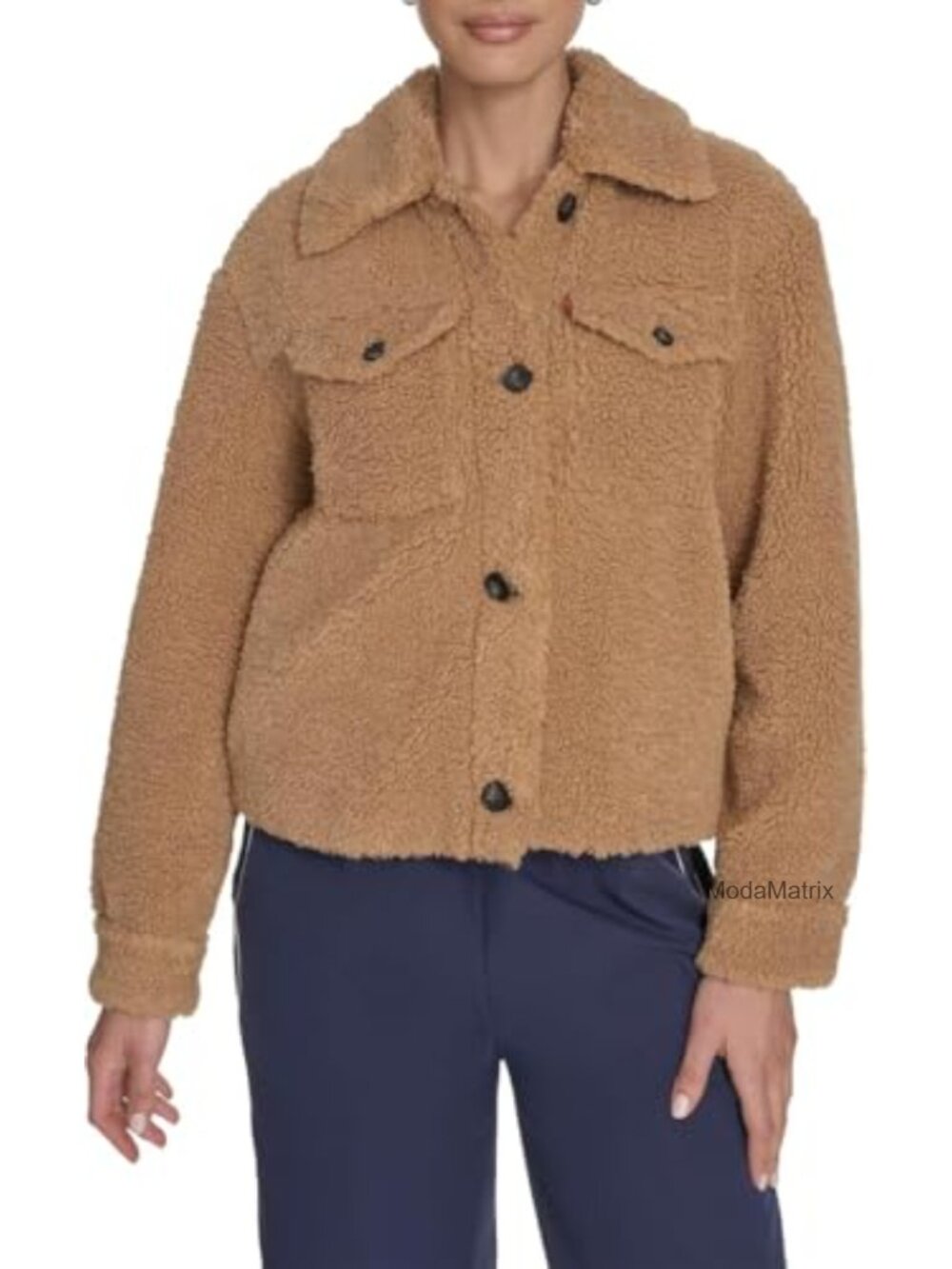 Sherpa Teddy Jacket Button Front Chest Flap Pockets Relaxed Fit Women's